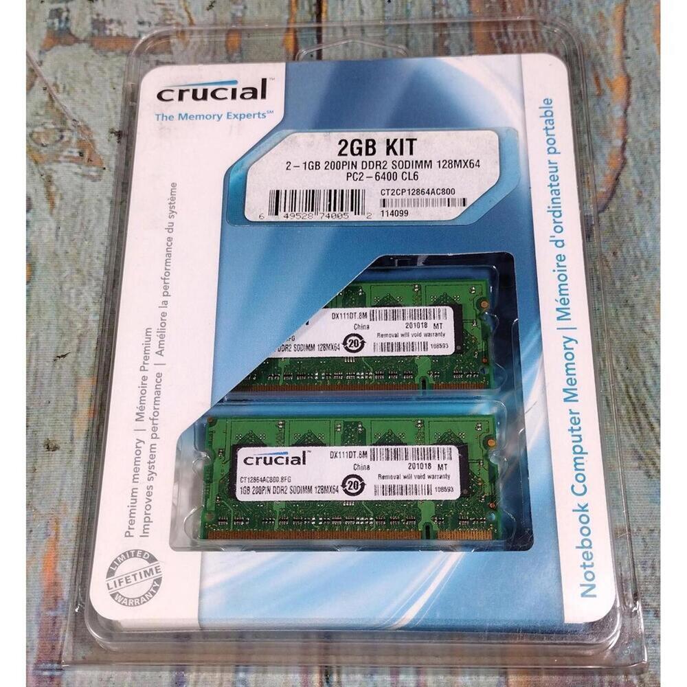 Crucial 2GB Kit (2 x 1GB) DDR2 SODIMM 200 Pin PC2-6400 Laptop Memory